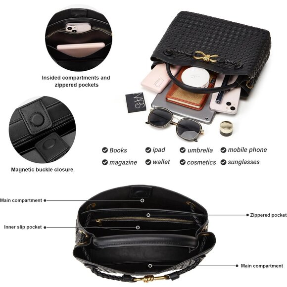 Versatile Woven Vegan Leather Handbag - Adjustable Strap, Magnetic Closure - Picture 3 of 9